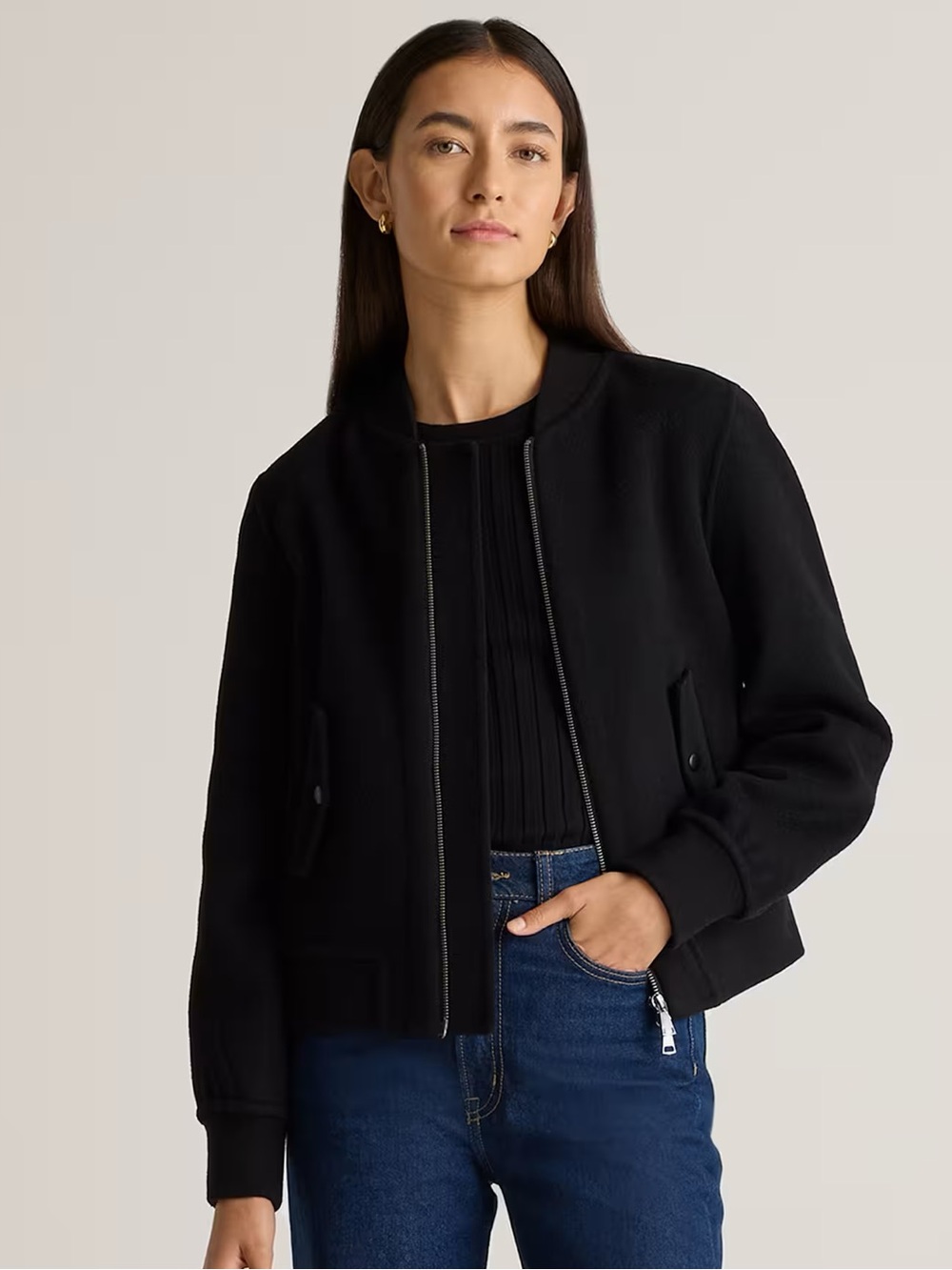 Quince Double-Faced Merino Wool Black Bomber Jacket Size M